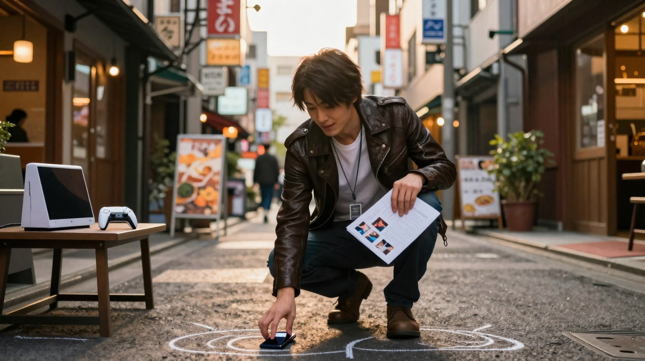 Young man in leather jacket crouching on street, drawing circles with smartphone, holding photo sheet in busy urban area.