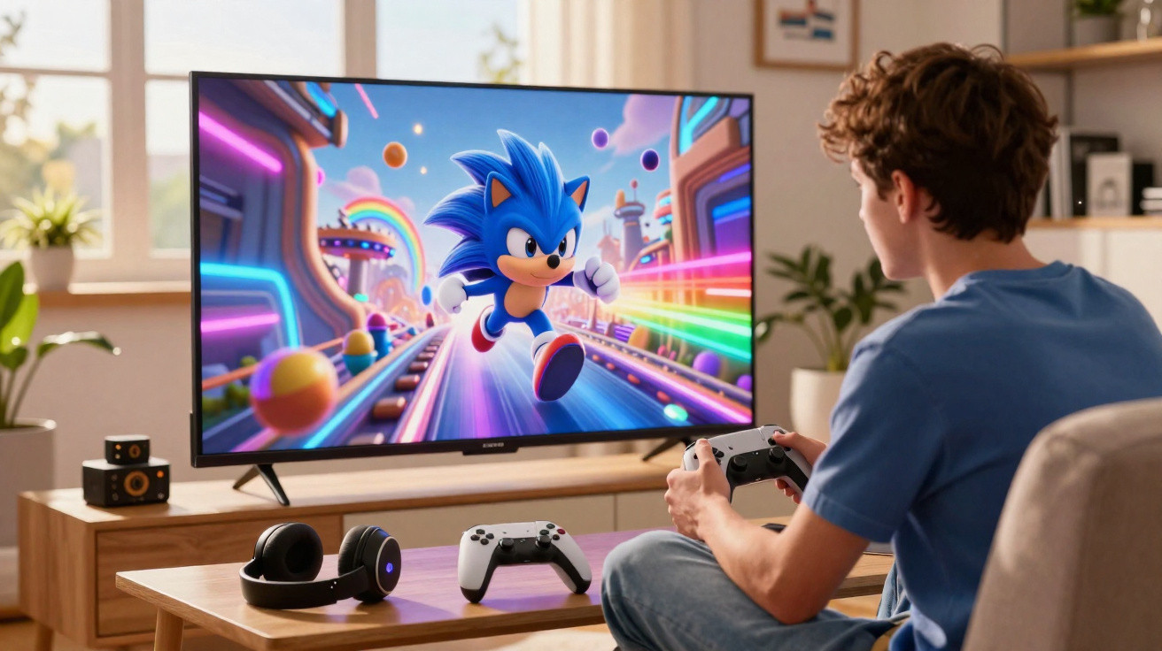 Young man playing Sonic the Hedgehog video game on a TV with controllers and headphones on a table.