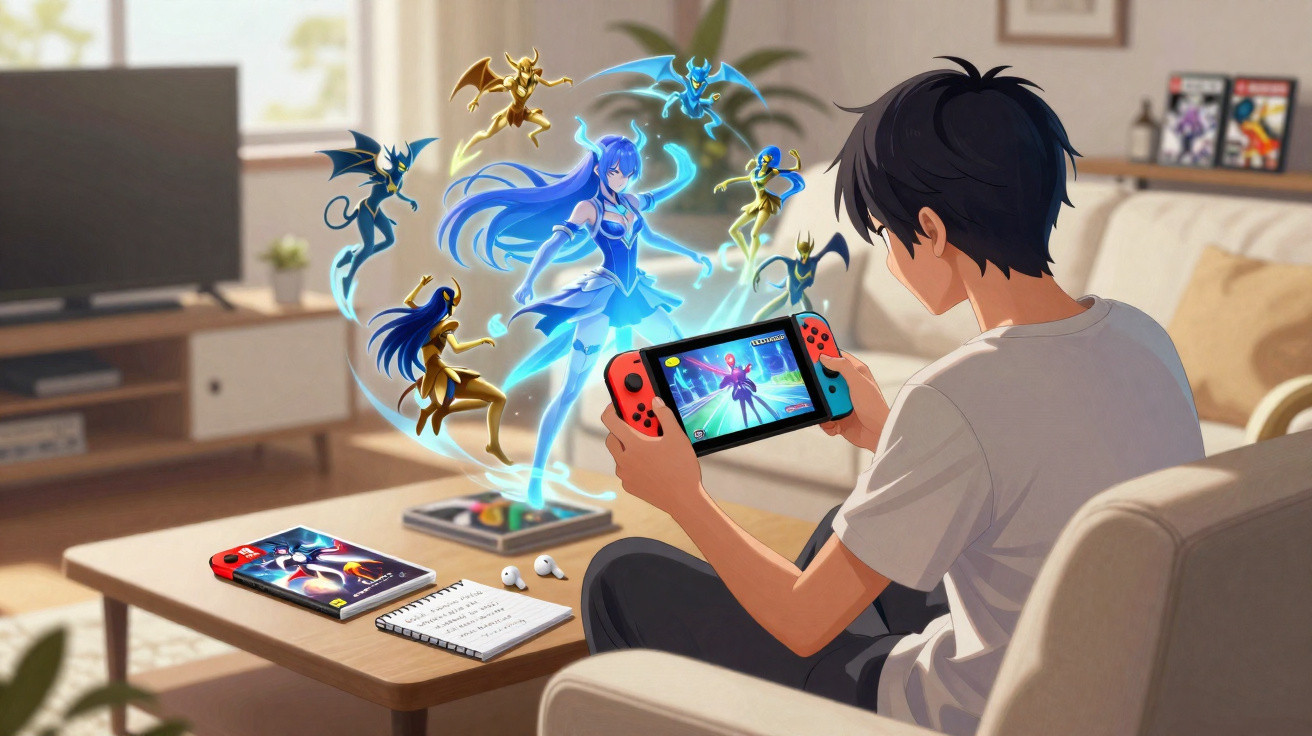 Young man playing a fantasy video game on a handheld console with glowing characters appearing above the table.