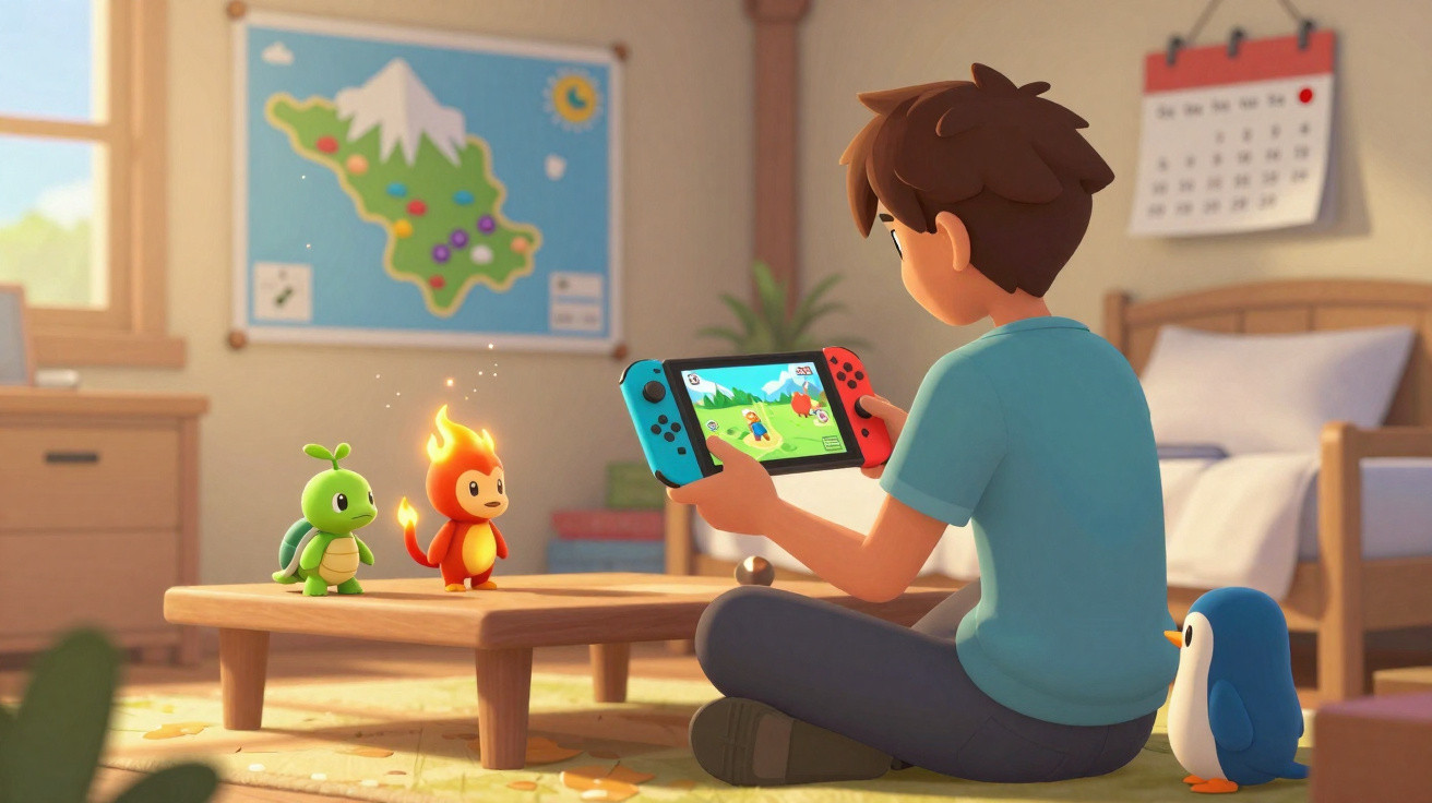 Child playing a handheld video game with animated turtle and fire creature toys on the table.