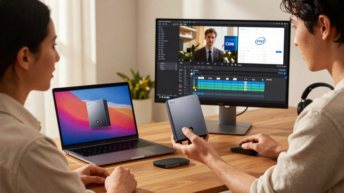 Two people working at a desk with a laptop, desktop monitor showing video editing software and compact Intel devices.