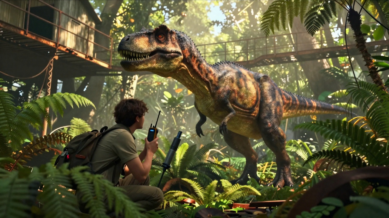 Person crouching with walkie-talkie facing a large, realistic dinosaur in a dense, sunlit jungle environment.