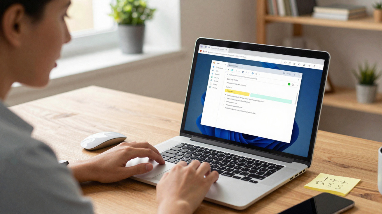 Person using a laptop displaying a file explorer window on a wooden desk with sticky notes and a smartphone.