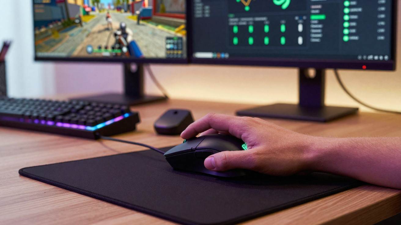 Person using a gaming mouse on a large mousepad with dual monitors displaying a game and stats in the background.
