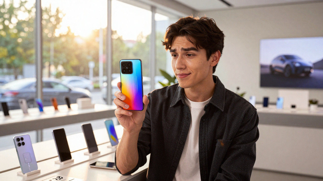 Young man holding and examining a colourful smartphone in a bright, modern mobile phone store.