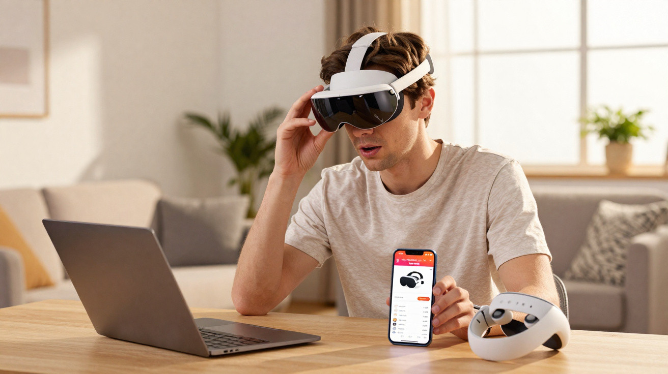 Young man using VR headset and smartphone at a table with a laptop in a bright living room.