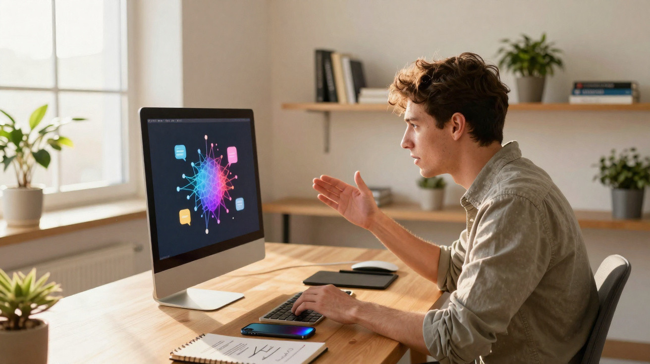 Young man gestures while video conferencing with colourful network graphic on computer screen in daylight room