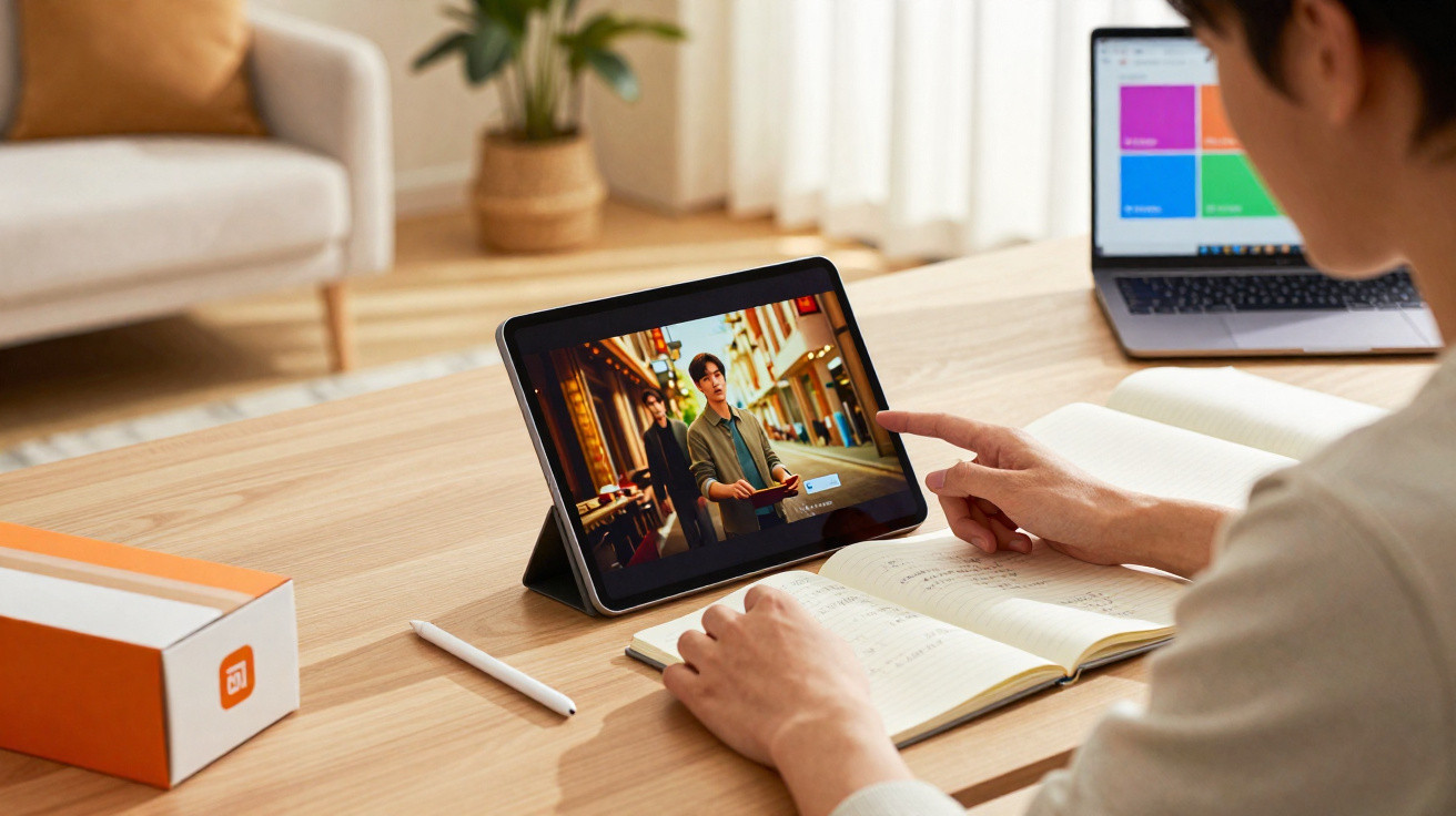 Person watching video on tablet and taking notes at wooden desk with laptop and Xiaomi box nearby.