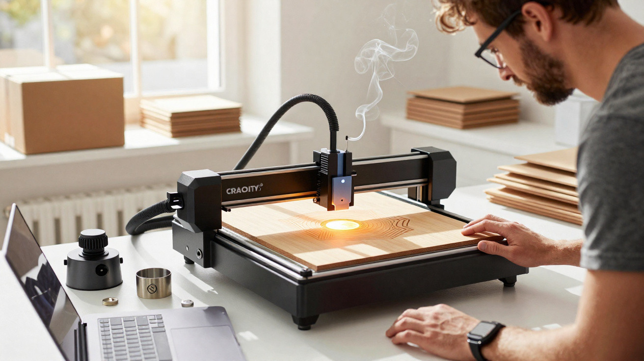 Man using a laser engraving machine to etch a wooden panel on a desk beside a laptop in natural light.