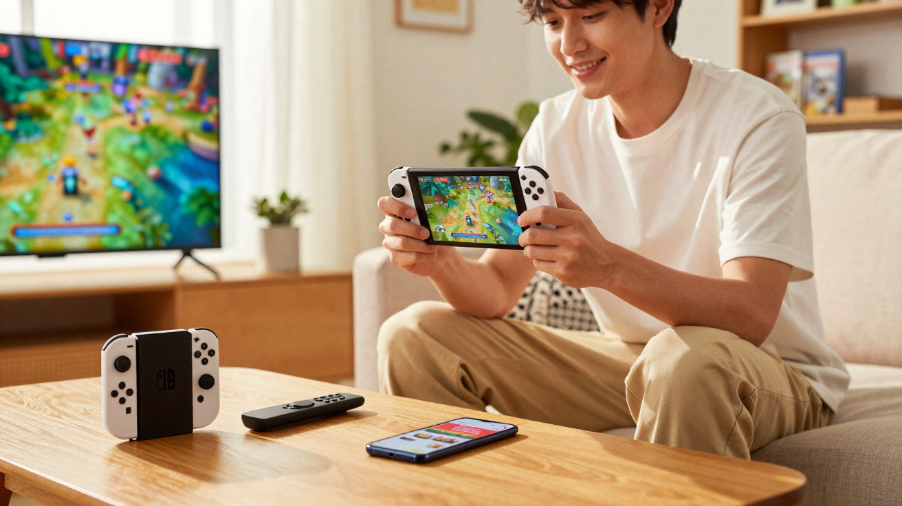 Young man playing a handheld video game console in a living room with game displayed on TV and smartphone on table.