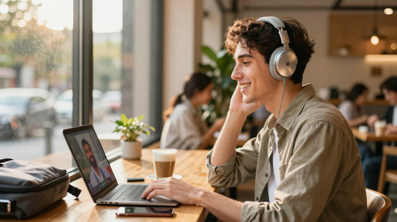 Young man wearing headphones smiling while video calling on laptop in a coffee shop with a latte nearby.