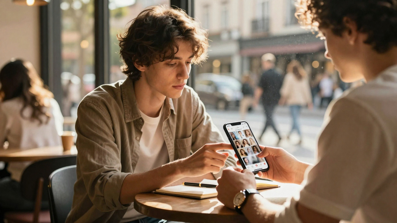 Two young men sitting at a café table, one showing the other a smartphone screen with multiple photos.