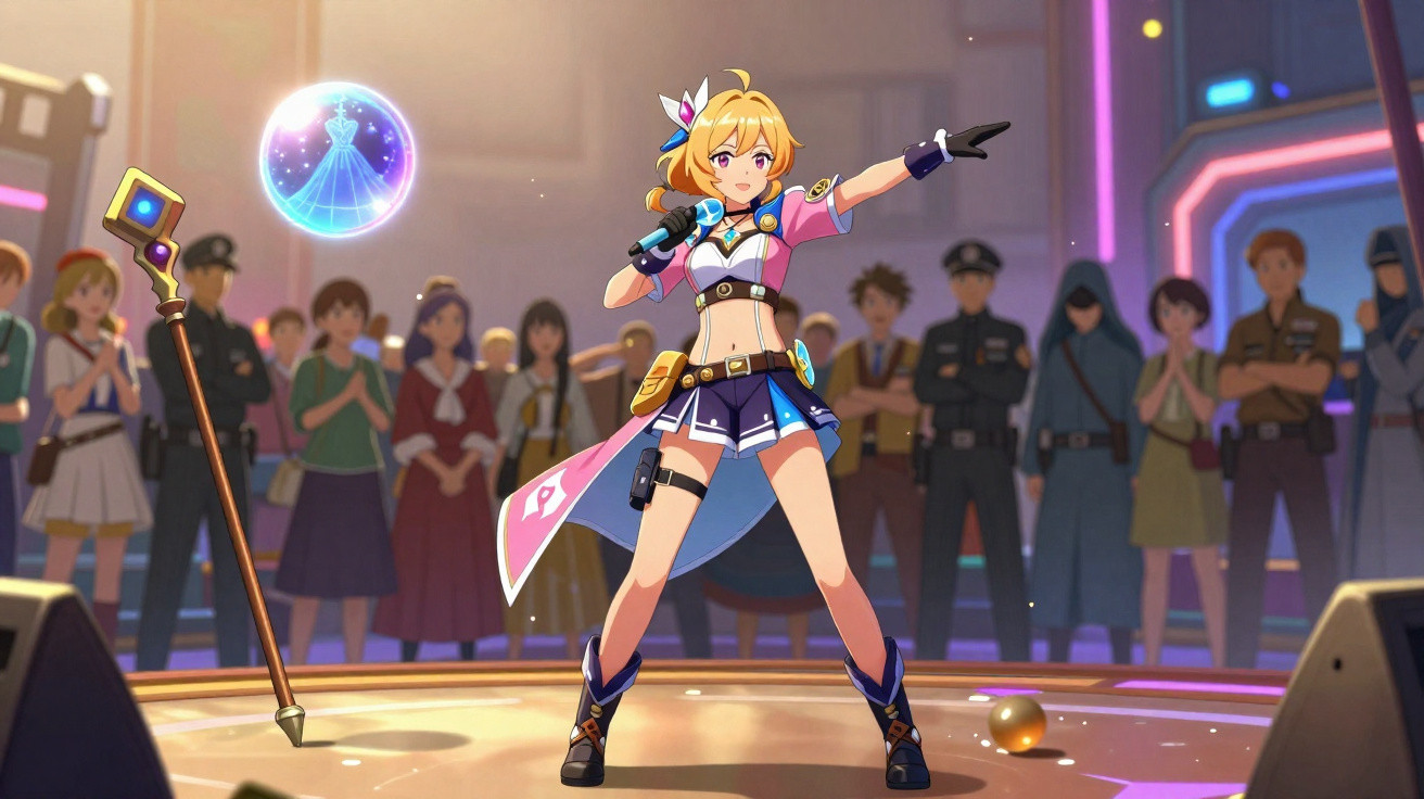 Anime-style female singer in colourful outfit performing on stage with microphone, pointing forward, audience watching.