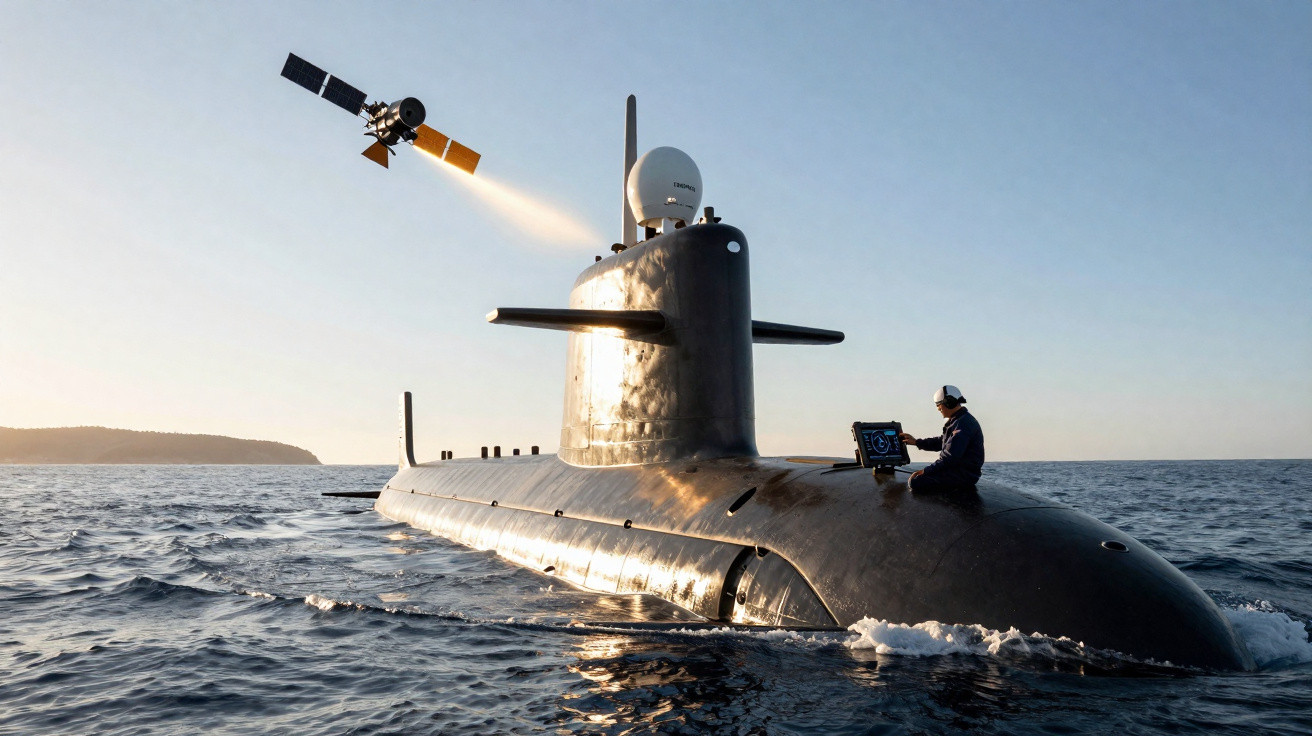 Person sitting on a submarine at sea using a laptop with a satellite above them in clear sky.