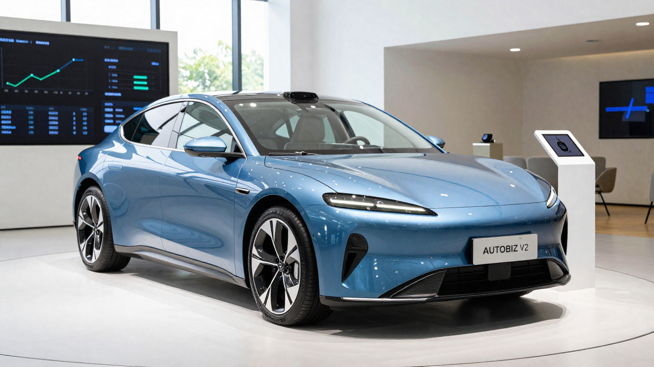 Blue AUTOBIZ V2 electric car displayed indoors on a white platform with digital screens in the background.