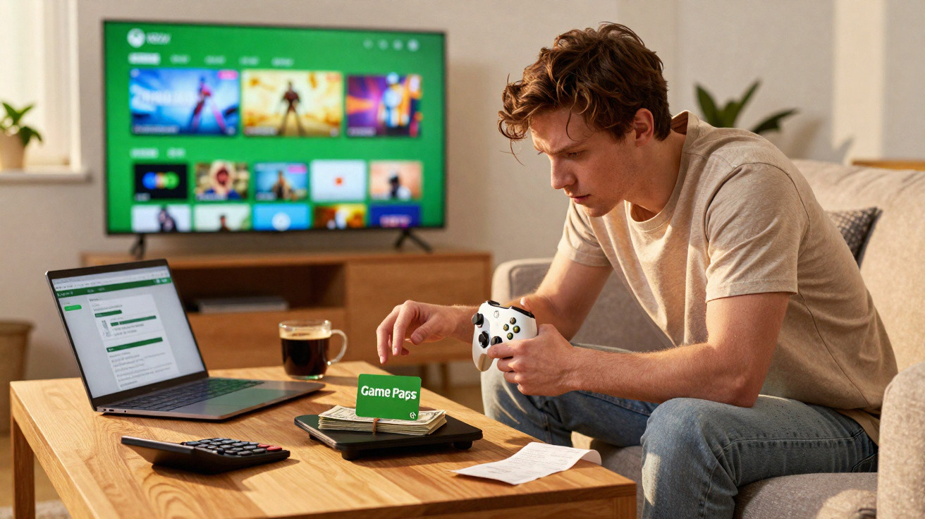 Young man sitting on a sofa using a video game controller with a laptop and TV gaming interface in the background.