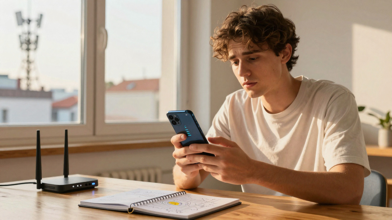 Young man with a concerned expression checking his smartphone near a router and an open notebook on a wooden table.