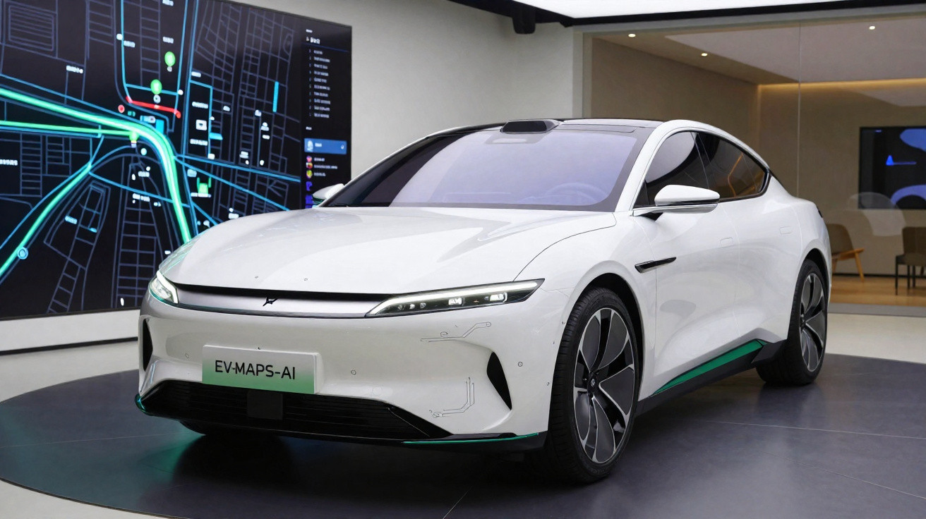 White sleek electric car parked indoors next to digital map display with EV-MAPS-AI license plate.