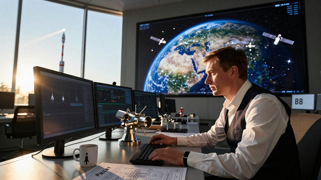 Man working at computer in space mission control room with Earth and satellites displayed on large screen