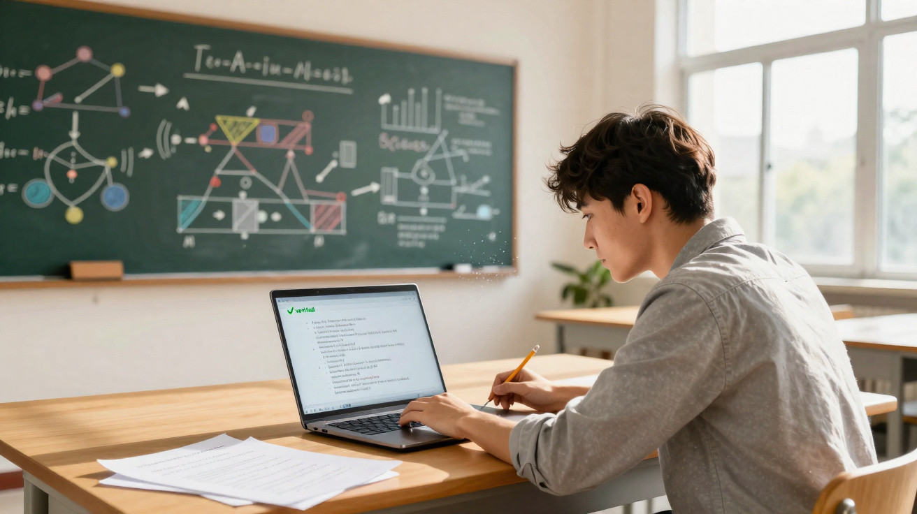Student writing notes while referencing a laptop in a classroom with a chalkboard of diagrams behind.