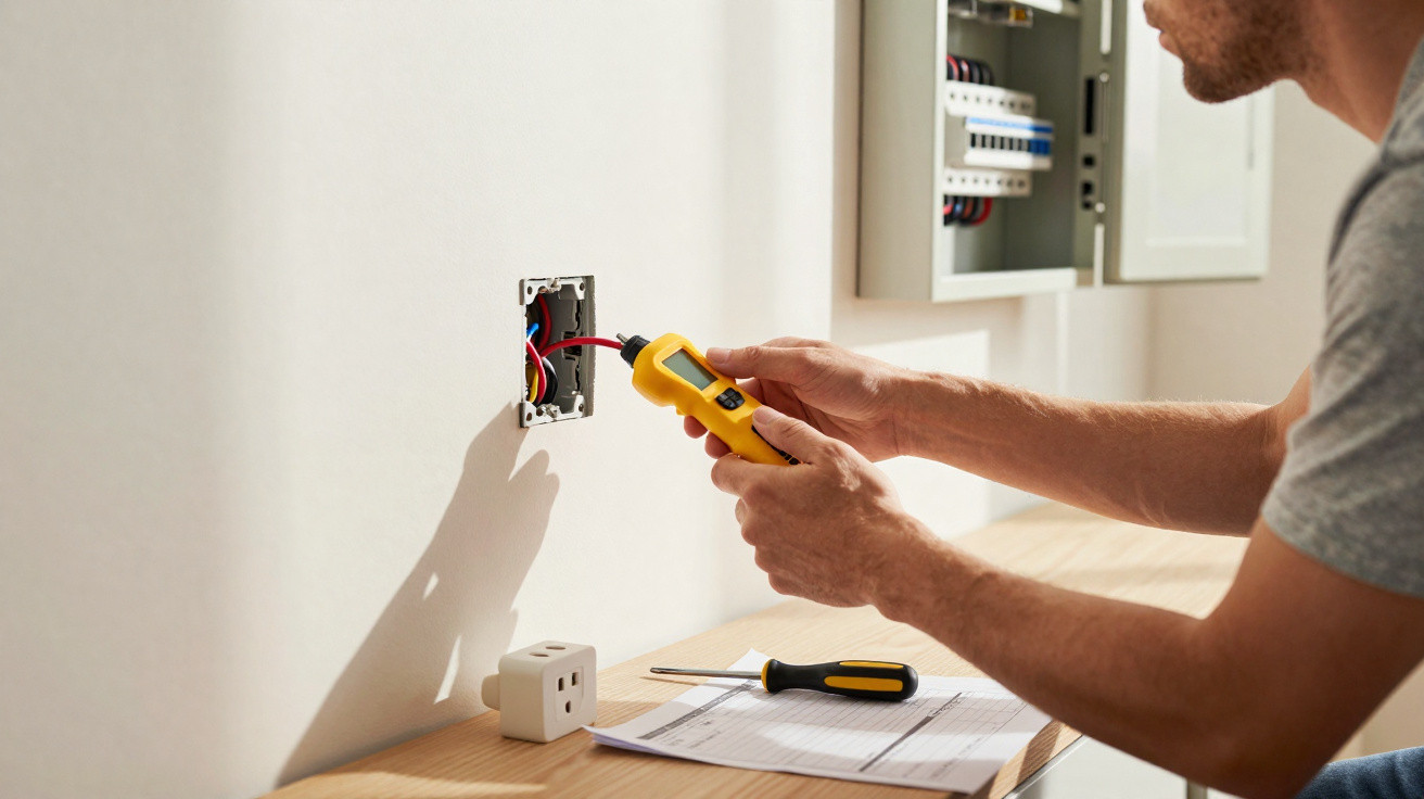 Person using a voltage tester on exposed electrical wiring inside a wall socket with tools on a table nearby.