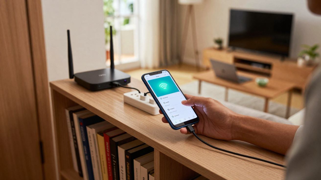 Hand holding smartphone displaying WiFi connection status near router in a modern living room.