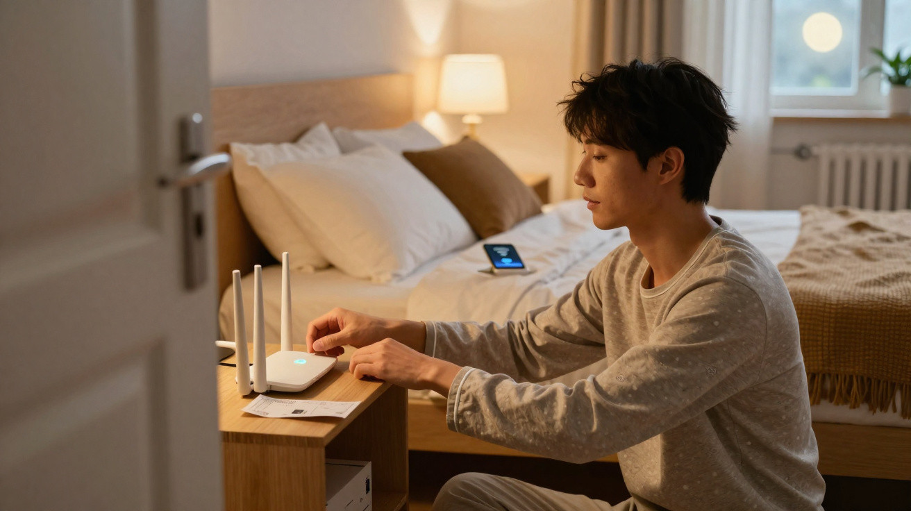 Man setting up a wireless router on a bedside table in a softly lit bedroom with a bed and smartphone nearby.