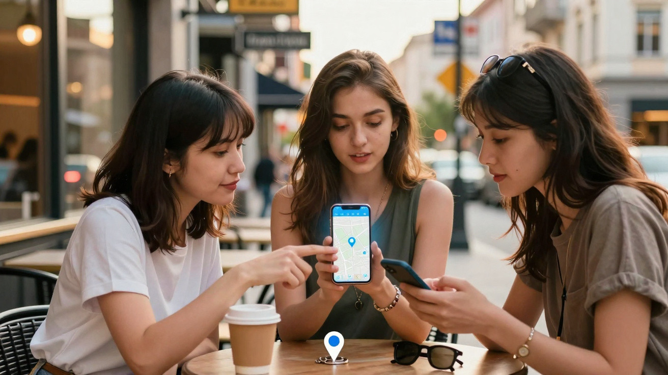 Three women sitting outdoors at a table, looking at a smartphone with a map and location pin displayed.