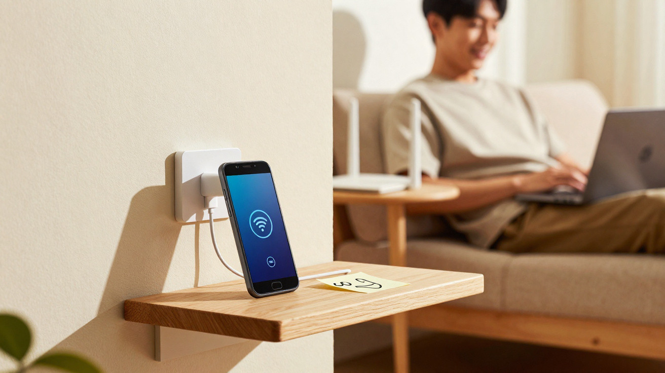 Smartphone charging on wall-mounted wooden shelf with a Wi-Fi symbol on screen, person using laptop in background.