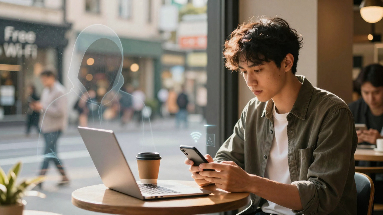 Young man using smartphone and laptop at café table symbolising Wi-Fi hacking risk.