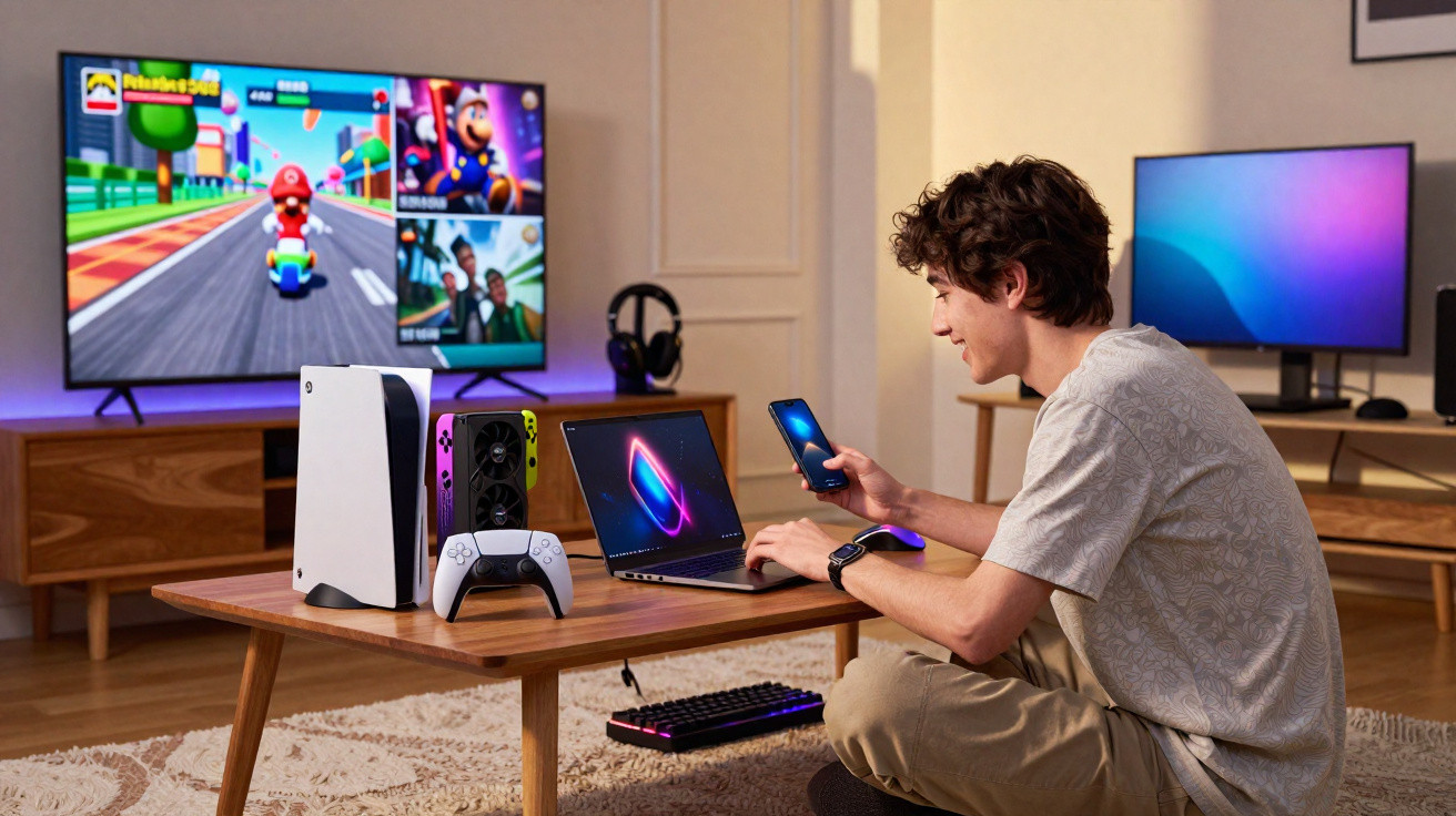 Young man sitting on the floor using a laptop and smartphone with gaming consoles and a TV showing a racing game in the backg