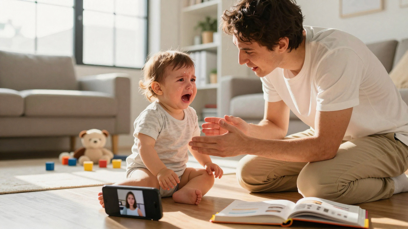 Father comforting crying toddler while video chatting with woman on phone in bright living room.