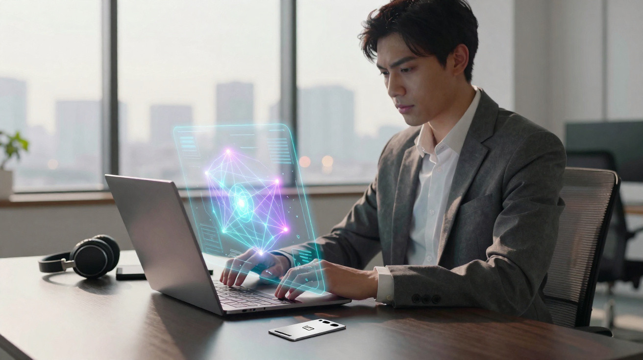 Young man in suit using holographic biometric security on laptop in modern office.