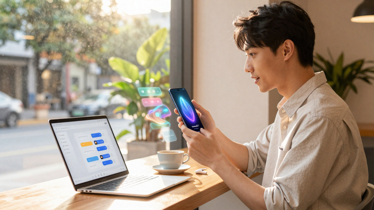 Young man using a smartphone with holographic icons near a laptop on a wooden table by a window.