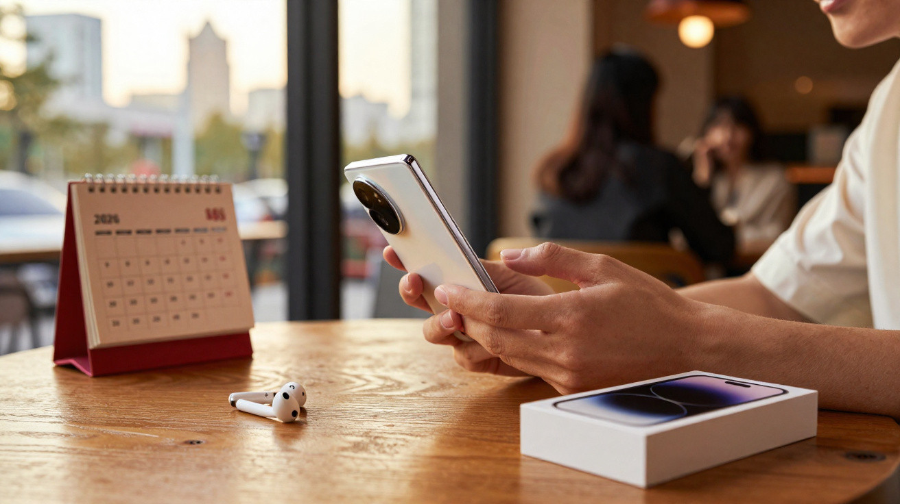 Person holding a white smartphone over a wooden table with earbuds, a phone box, and a desk calendar.