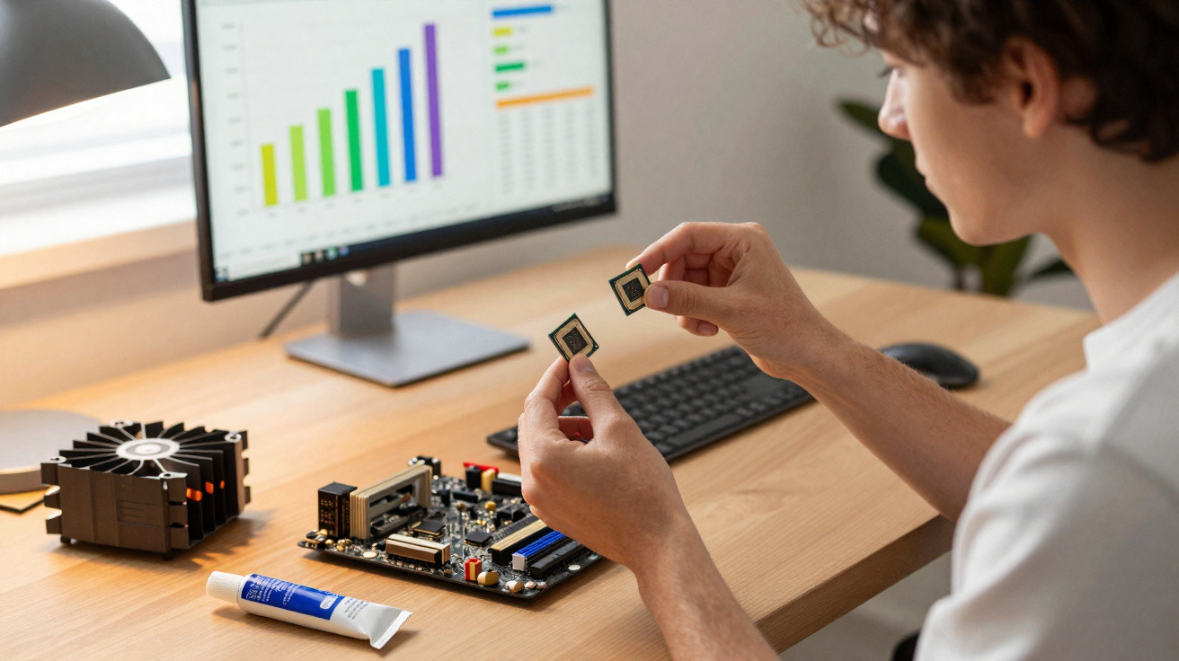 Person holding two computer chips above a motherboard on a desk with a monitor showing a bar chart.