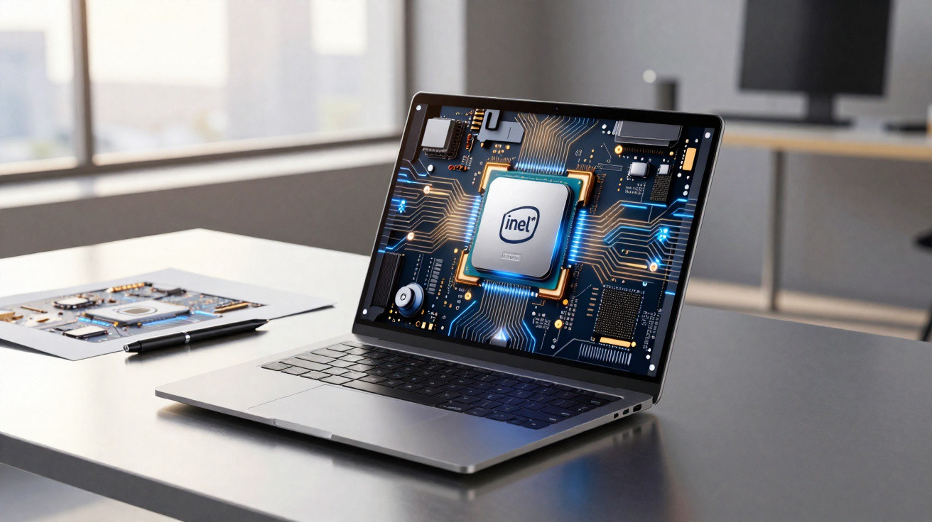 Laptop on a desk displaying an Intel microchip graphic with circuit board design on the screen.