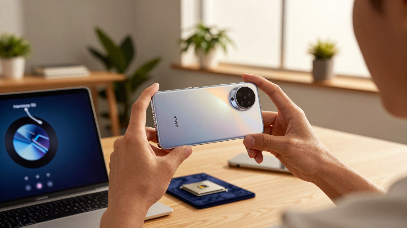 Person holding a silver smartphone with a circular camera module at a wooden desk with laptop and tech components.