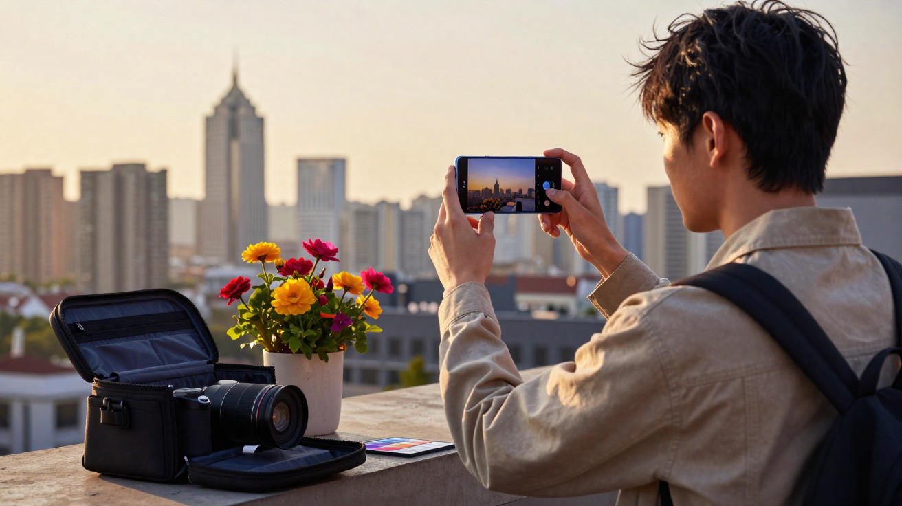 Person photographing city skyline at sunset with smartphone on rooftop near camera and flowers.