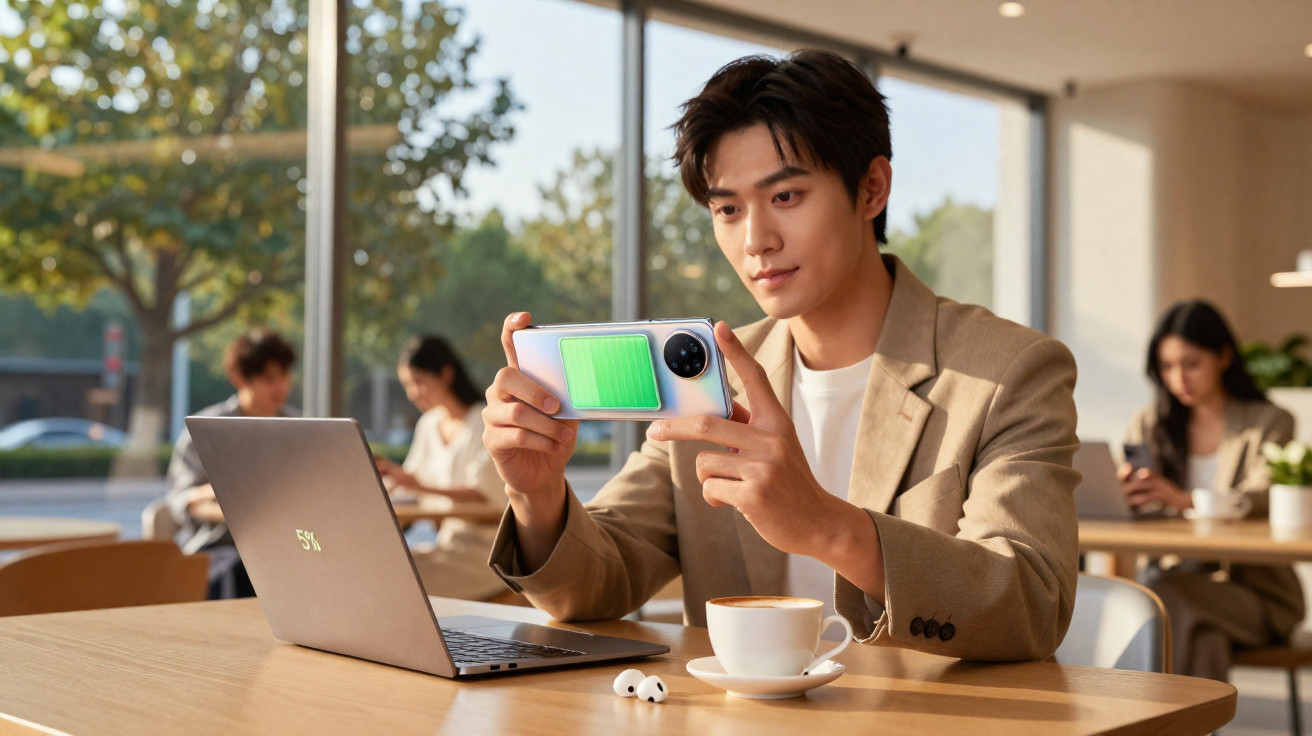 Young man in a café holding a smartphone with a full battery icon, next to a laptop and coffee cup.