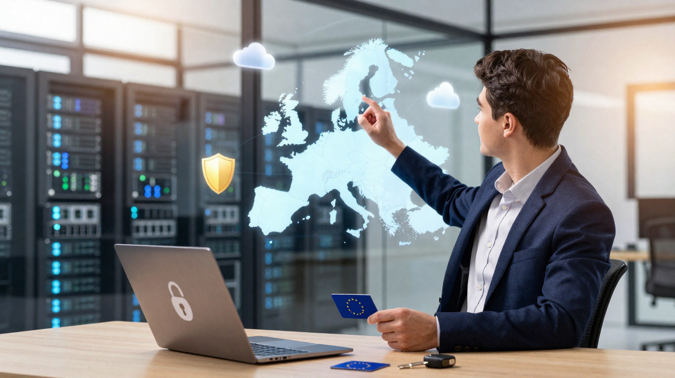 Man in office pointing at digital map of Europe with security icons, holding EU card by laptop on desk