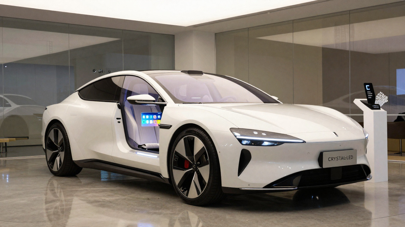 White electric luxury sedan with driver door open displaying digital touchscreen inside showroom.