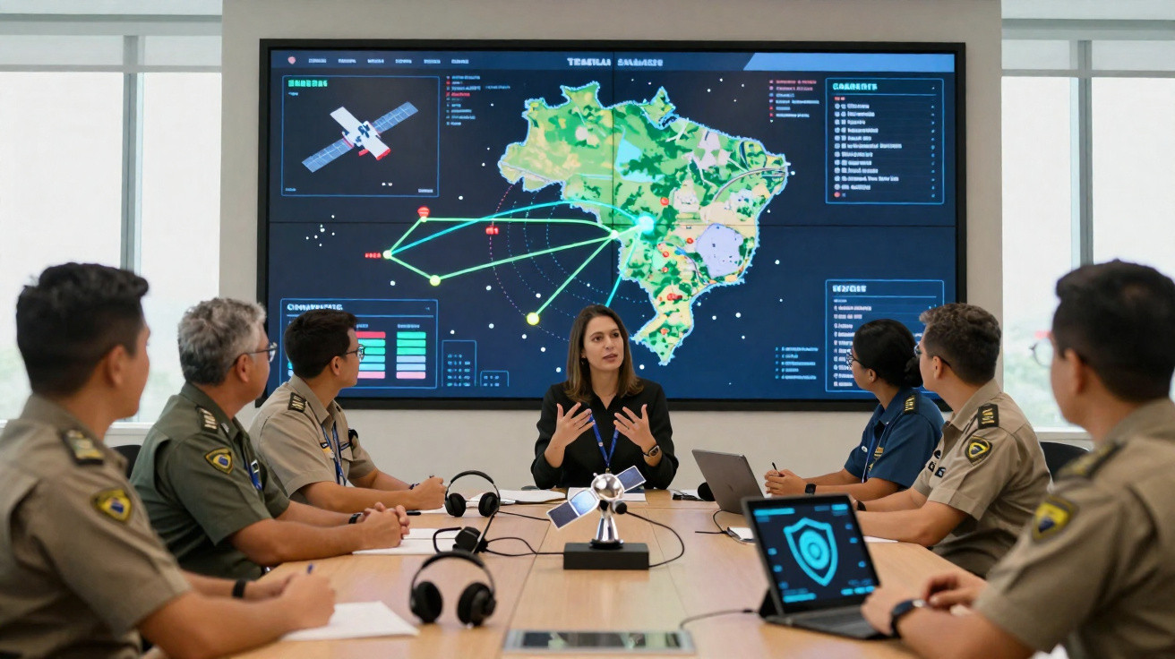 Team of security personnel discuss satellite map data displayed on large screen in meeting room.