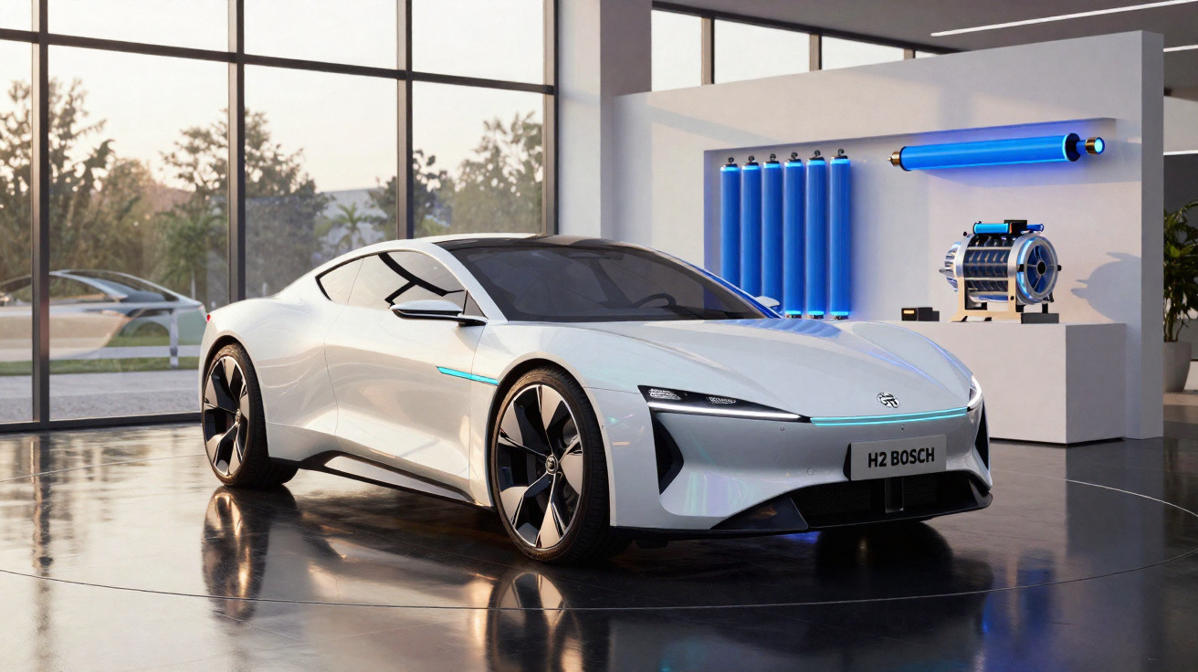 White sleek electric sports car beside blue hydrogen fuel tanks in bright showroom with large windows and outdoor trees.