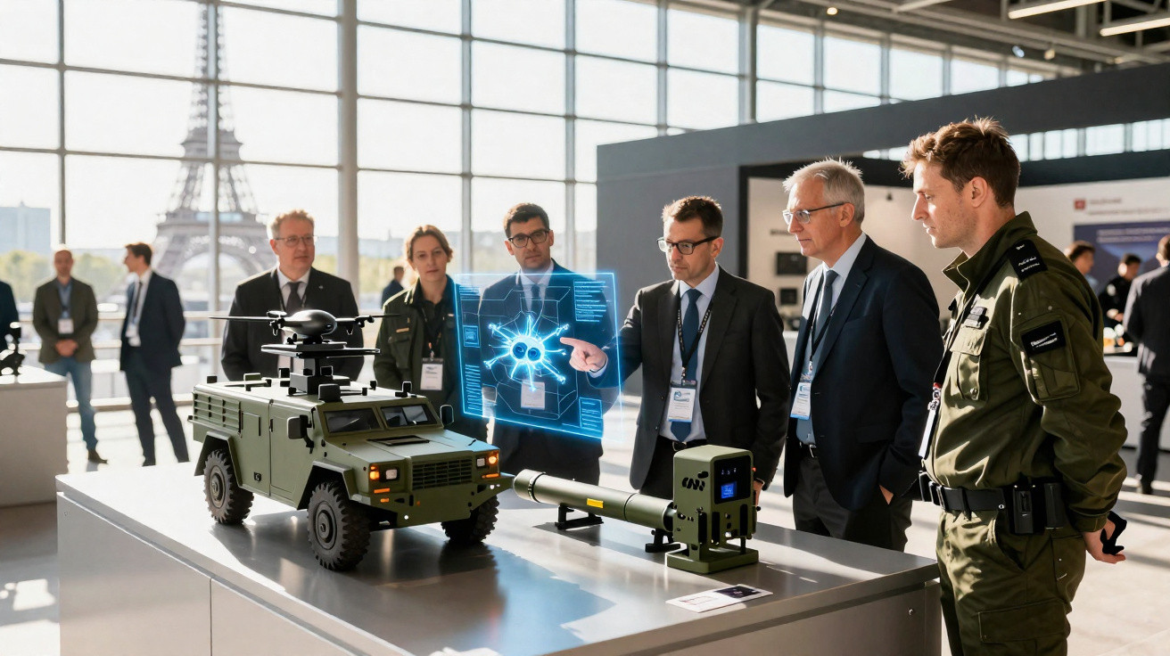 Group of professionals examining a military drone and missile display with a digital hologram in a modern exhibition space.