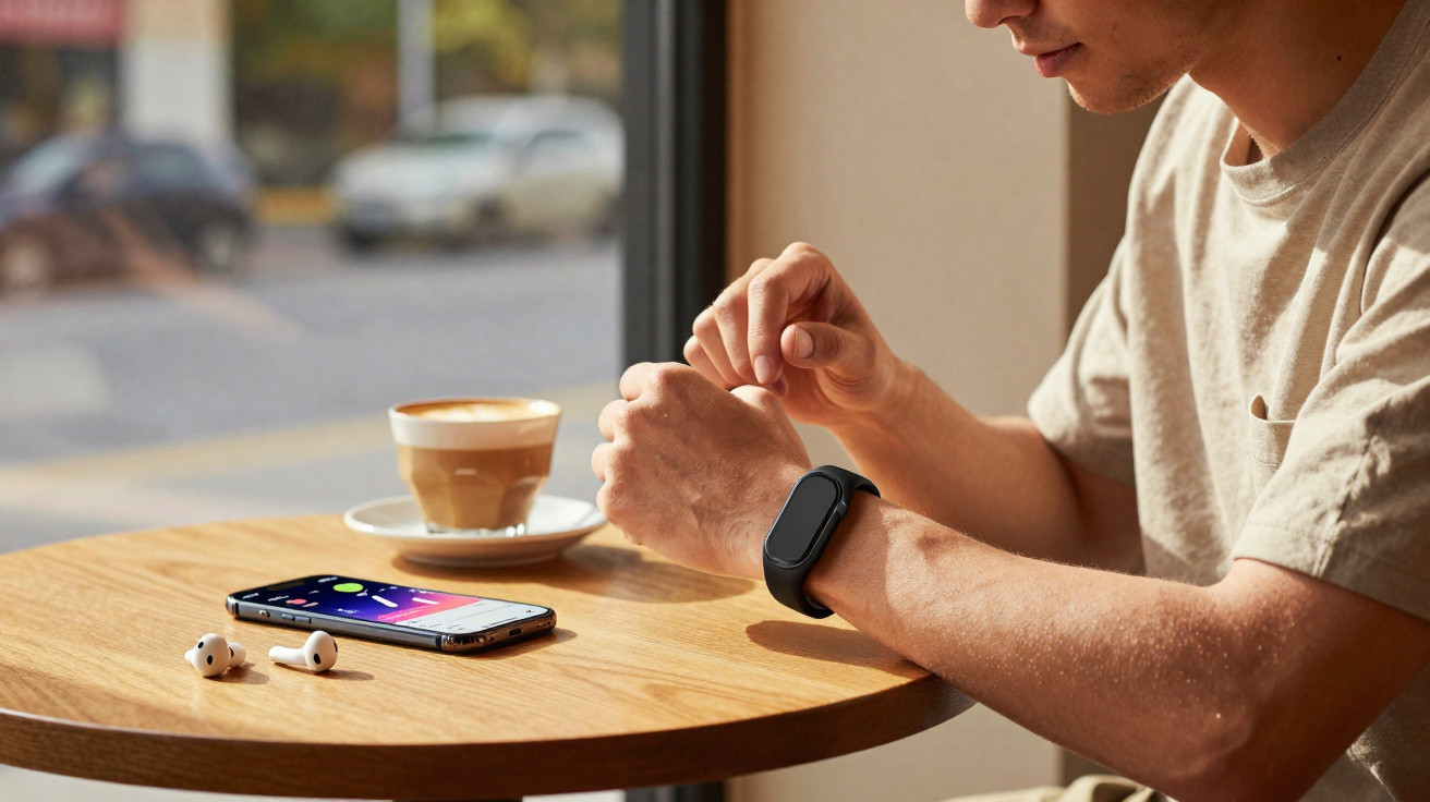 Person sitting at a café table checking a smart watch, with smartphone, wireless earbuds, and coffee nearby.