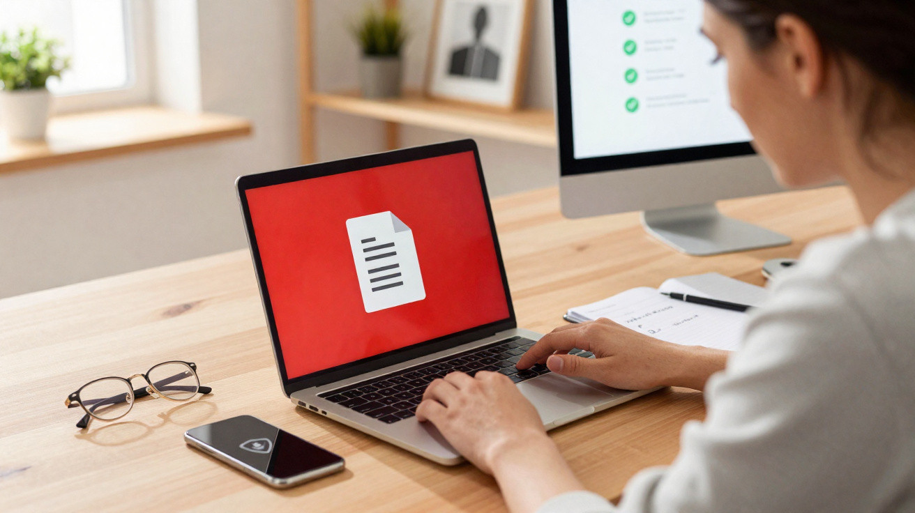 Person typing on laptop with a document icon on screen, smartphone and glasses on wooden desk in bright room.