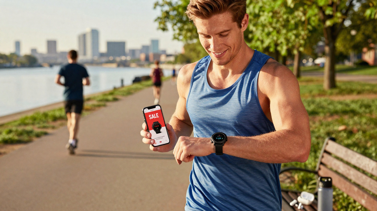 Man in blue vest checking smartwatch while holding phone showing a sale on a running watch by a riverside path.