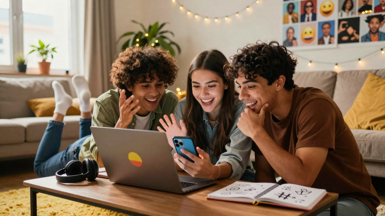 Three young adults smiling and looking at a phone while lying on the floor with a laptop and notebook on the table.