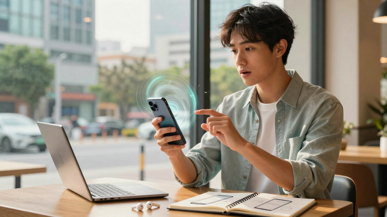 Young man sitting at a table using a smartphone with a laptop, notebook, and wireless earbuds in a café.